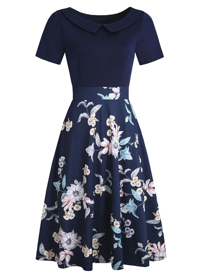 HELYO 1950s Dress for Womens Retro Elegant Vintage Casual Party Pockets Special Occasion Teen Girl Cocktail Rockabilly Work Dress 978 (Blue Floral M) - Image 2